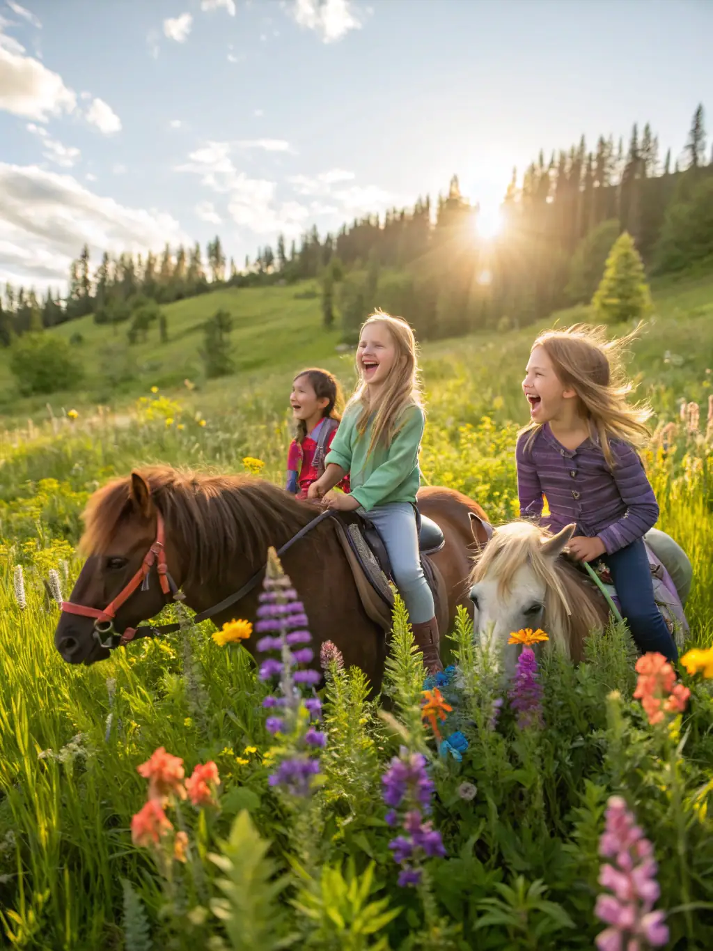 A group of children laughing and interacting with horses during a summer camp activity at RENCONTRES EQUESTRES DE CHAMBERET, highlighting the fun and educational aspects of our programs.