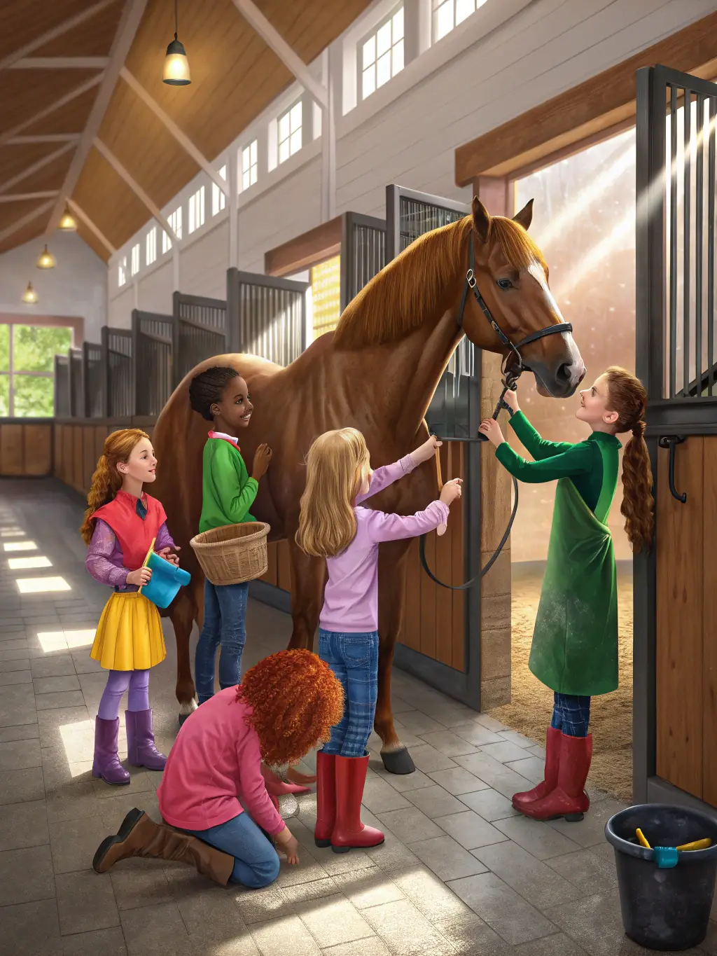 A group of children learning basic horse care, such as grooming and feeding, in a safe and supervised environment at RENCONTRES EQUESTRES DE CHAMBERET.