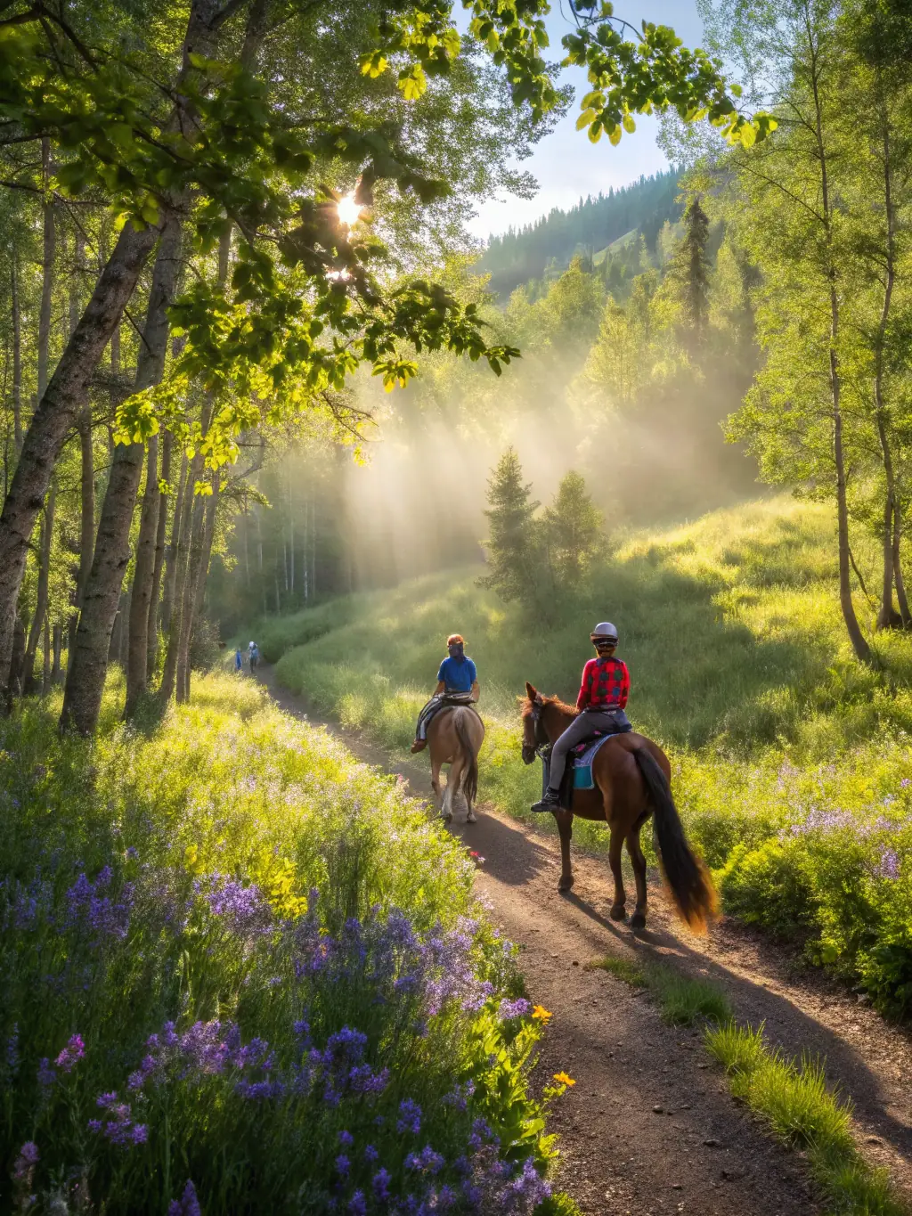 A scenic trail ride with riders of varying ages, emphasizing the recreational and community-building aspects of RENCONTRES EQUESTRES DE CHAMBERET.