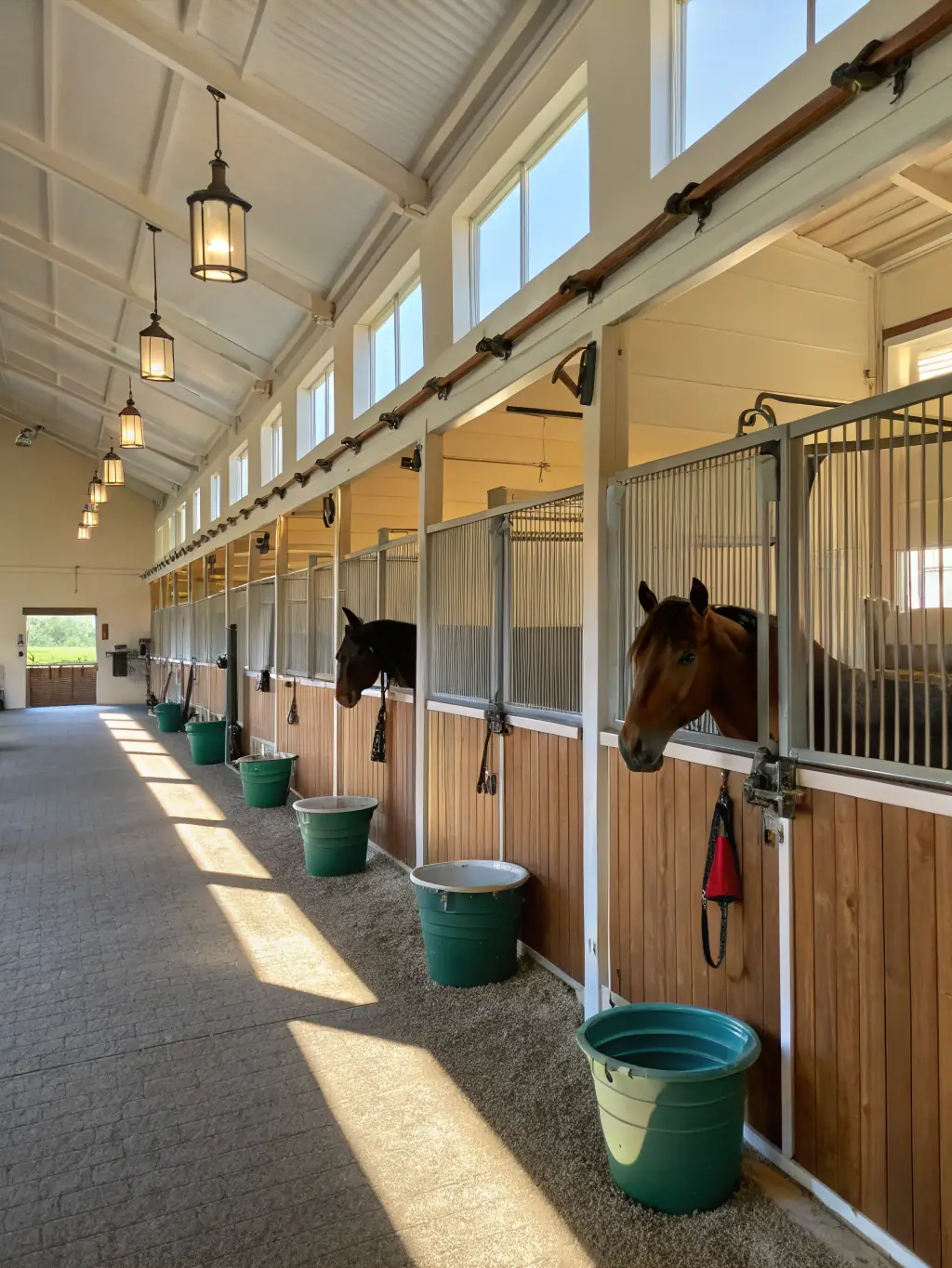 A clean and organized stable interior at RENCONTRES EQUESTRES DE CHAMBERET, showcasing individual stalls with horses, proper ventilation, and well-stocked feeding and watering systems.