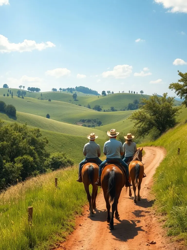 A scenic trail ride through the countryside surrounding RENCONTRES EQUESTRES DE CHAMBERET, with a group of riders enjoying the natural beauty and camaraderie.