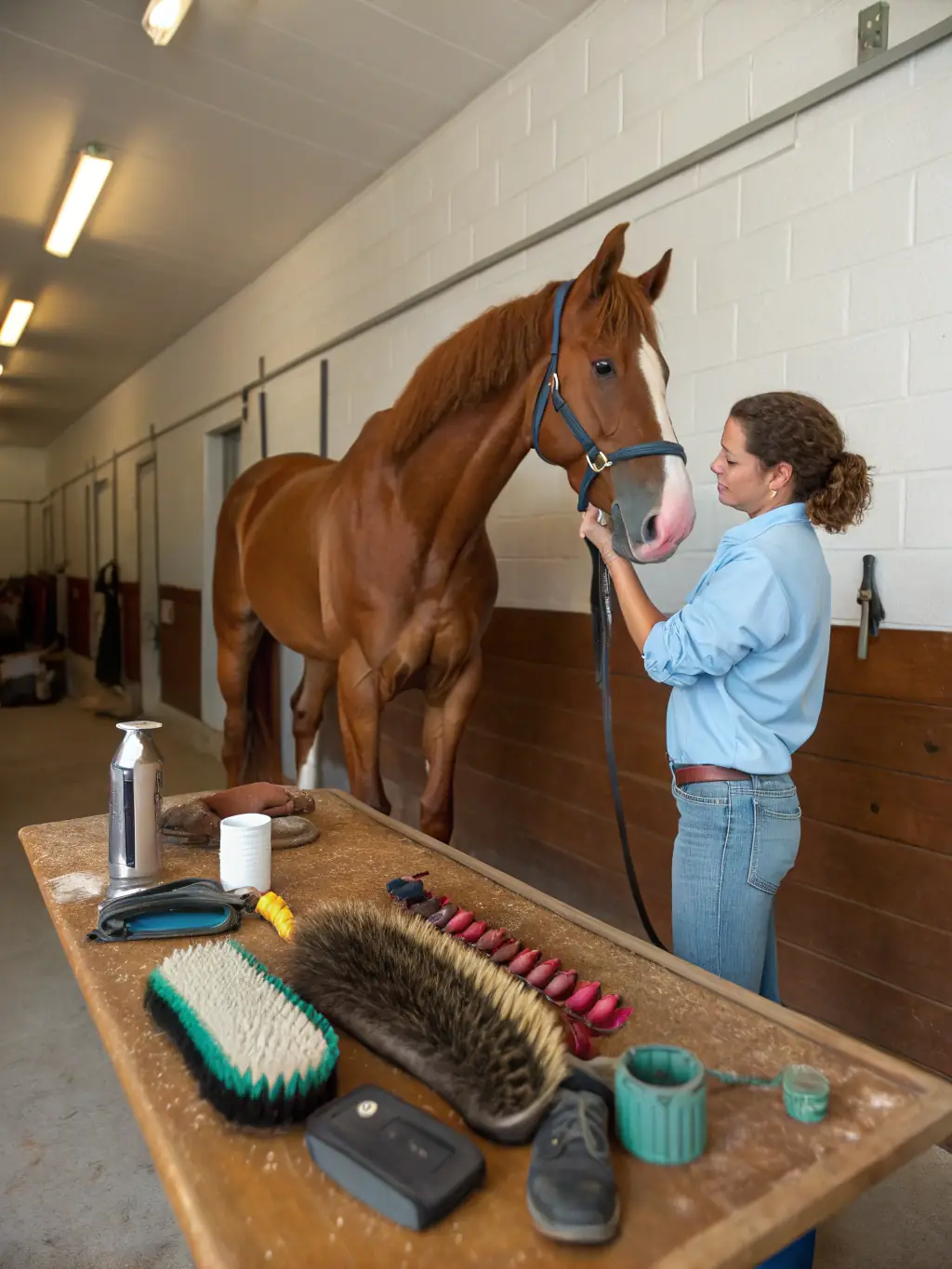 A young rider is carefully grooming a horse in a stable, showcasing the hands-on learning aspect of RENCONTRES EQUESTRES DE CHAMBERET's programs.